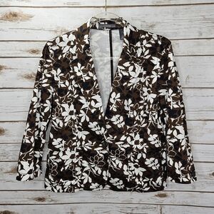Liz Claiborne Brown Black White Floral Print Blazer Jacket 3/4 Sleeve Size 8